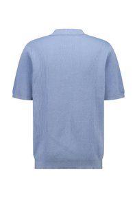 Light blue short-sleeve knit polo shirt with ribbed texture, featuring a traditional collar and a straight hem. Simple and classic design.