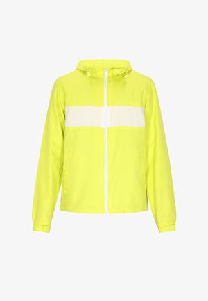 Lys gul jakke med en hvid vandret stribe, lynlåslukning og hætte. Fremstillet af letvægts, glat materiale med sidelommer.