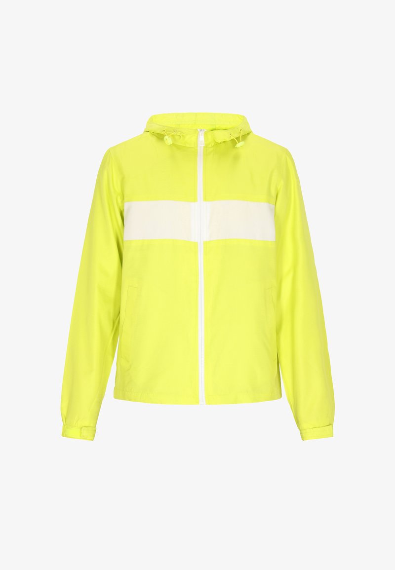 Lys gul jakke med en hvid vandret stribe, lynlåslukning og hætte. Fremstillet af letvægts, glat materiale med sidelommer.