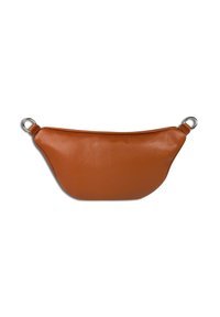 Bruine leren tasje met een gebogen vorm, een gladde textuur en zilveren metalen accenten aan beide uiteinden voor bevestiging.