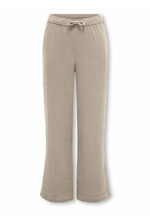 Beige teksturerede bukser med vidde ben, elastisk talje og justerbar snor, designet til afslappet brug.