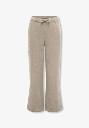 Beżowe teksturowane spodnie o szerokich nogawkach z elastycznym pasem i regulowanym sznurkiem, zaprojektowane do noszenia na co dzień.