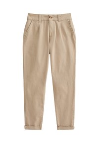 Beige Chinos aus leichtem Baumwollstoff. Mit schmal zulaufendem Bein, vorderen Falten, Seitentaschen und umgeschlagenen Bündchen. Bürstetexur.