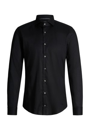 Chemise noire à manches longues avec boutons, col classique et poignets boutonnés, présentée sur un fond blanc.