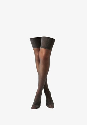 Schwarze, durchsichtige Oberschenkelstrümpfe mit glitzerndem Akzent, undurchsichtigem oberen Bund, leichtem Material und glattem Finish. Halbtransparenter unterer Teil.