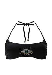 Zwarte bikini-top met halterbandjes en een versierde oogontwerp met strass-steentjes in verschillende kleuren en metallic accenten.