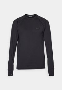 Svart langermet Salomon sportskjorte med rund hals og subtil logo på brystet og venstre mansjett, vist mot hvit bakgrunn.