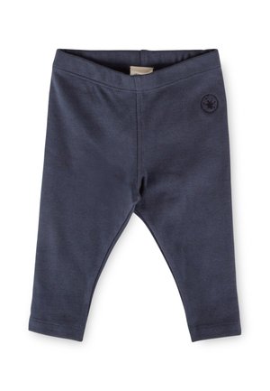 Marineblaue Baby-Leggings mit elastischem Bund und kleinem rundem Aufnäher am oberen linken Oberschenkel.