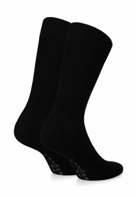 Czarne bawełniane skarpetki z prążkowanym mankietem, gładką teksturą i oznaczeniem rozmiaru wydrukowanym na podeszwie. Prosty, klasyczny design, odpowiedni na różne okazje.