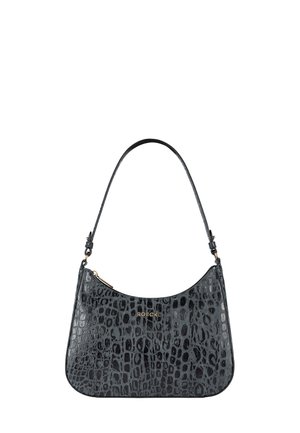 Black crocodile-patterned leather handbag with a curved silhouette, gold hardware, and a short shoulder strap. Zipper closure at the top.