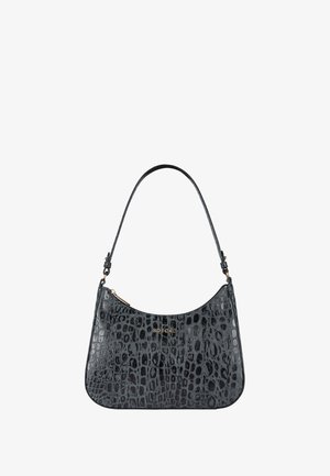 Black crocodile-patterned leather handbag with a curved silhouette, gold hardware, and a short shoulder strap. Zipper closure at the top.