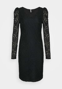 Schwarzes Spitzenkleid mit langen, enganliegenden Spitzenärmeln mit Blumenmuster, einem runden Ausschnitt und einer figurbetonten Silhouette.