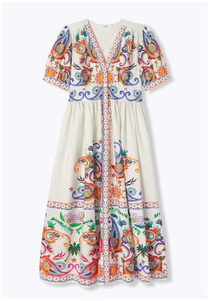 Robe midi blanche avec manches courtes bouffantes, décolleté en V profond et broderies florales et cachemire colorées sur le buste, les manches et l'ourlet.