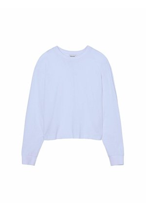 Jasnofioletowy, długi rękaw, skrócony t-shirt z miękkiej bawełny, z okrągłym dekoltem i prążkowanymi mankietami. Gładka faktura, bez wzorów i akcentów.