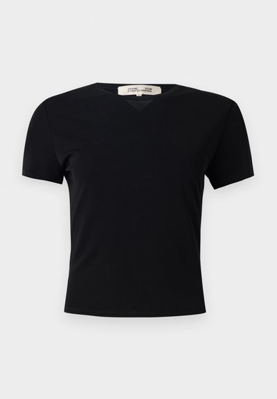 Black short-sleeve t-shirt with a V-neck design, made of a smooth, stretchy fabric. Features a simple, classic silhouette without embellishments.