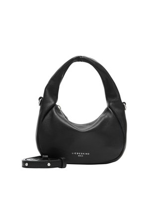 Czarna skórzana torebka o zaokrąglonym kształcie, z regulowanym paskiem i srebrnymi dodatkami. Na przodzie umieszczona jest wytłoczona nazwa marki "LIEBESKIND".