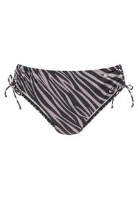 Zebras raksts bikini apakšdaļa ar melnām un gaiši rozā svītrām, ar regulējamiem sānu saitēm un gludu tekstūru. Iespējo mazs metālisks logo akcents.