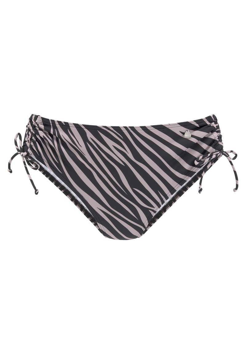 Zebras raksts bikini apakšdaļa ar melnām un gaiši rozā svītrām, ar regulējamiem sānu saitēm un gludu tekstūru. Iespējo mazs metālisks logo akcents.