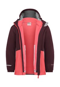 Giacca impermeabile con esterno bordeaux, fodera in pile rosa, dettagli riflettenti e cappuccio removibile. Tasche frontali con zip.