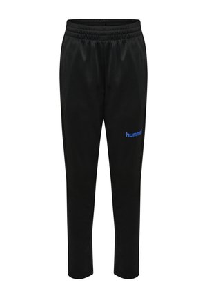 Pantalon de sport noir avec bande élastique à la taille et petit logo bleu "hummel" sur la partie supérieure de la cuisse gauche, vue de face.
