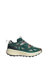 Scarpa atletica leggera con tomaia in mesh teal e grigia, dettagli marroni, particolari riflettenti e una suola spessa e testurizzata di colore crema.