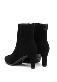 Stivaletti neri in suede con tacco alto, caratterizzati da una texture liscia, una silhouette elegante e una chiusura con zip sul retro.