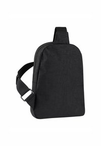 Bolsa de hombro negra hecha de material texturizado, con forma rectangular, correa ajustable y un asa superior. Cierre de cremallera en el lateral.