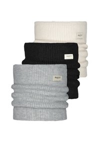 Drie geribde brei nekwarmers in grijs, zwart en wit, elk met een klein label met "BARTS" aan de zijkant. Zachte textuur.
