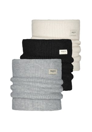Three ribbed knit neck warmers in gray, black, and white, each featuring a small label with “BARTS” on the side. Soft texture.