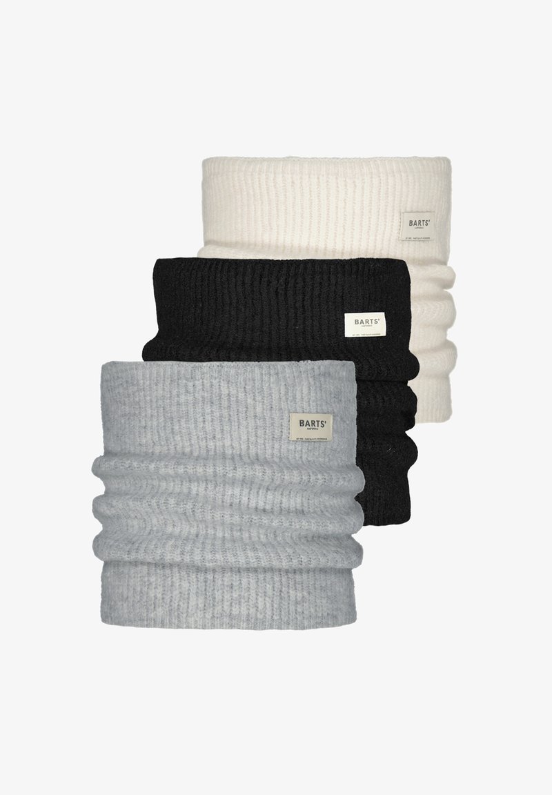 Three ribbed knit neck warmers in gray, black, and white, each featuring a small label with “BARTS” on the side. Soft texture.