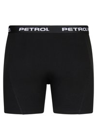 Schwarze Boxershorts aus weichem Stoff mit engem Schnitt, ausgestattet mit einem breiten, elastischen Bund, der mit "PETROL" in weißem Text gekennzeichnet ist.