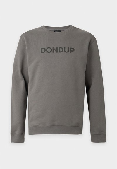 Sweat-shirt gris à manches longues avec poignets et ourlet côtelés, avec "DONDUP" imprimé en grandes lettres foncées sur la poitrine.