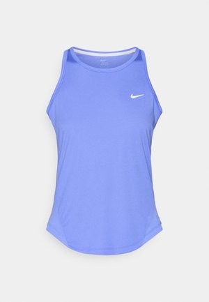 Fialový atletický nátělník z hladké látky, s kulatým výstřihem a malým bílým logem Nike na hrudi.