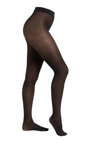 Black sheer tights with a polka dot pattern, featuring a wide waistband and a smooth, stretchy texture. Suitable for various outfits.