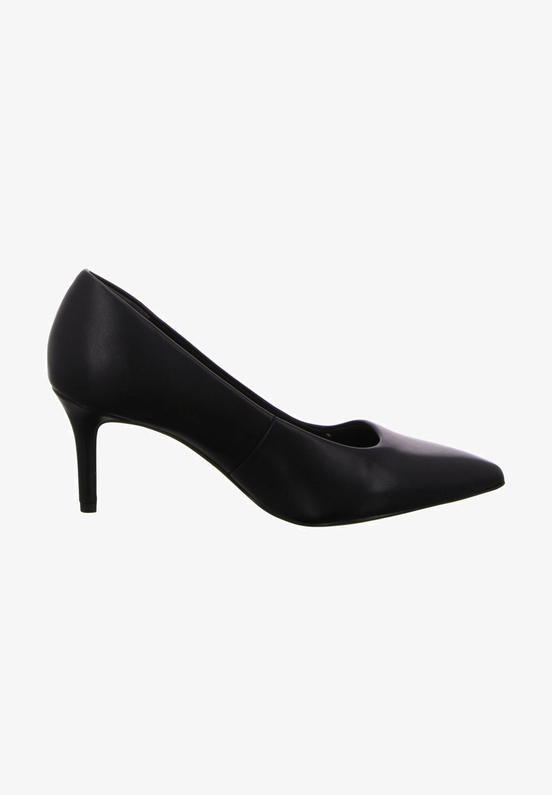 Escarpin femme en cuir noir à bout pointu avec un talon fin de hauteur moyenne, présenté de profil sur un fond blanc.