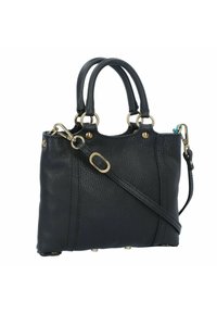 Bolso de mano de cuero negro con superficie texturizada, doble asa, correa desmontable, acentos de hardware de latón y pies de metal para mayor estabilidad.