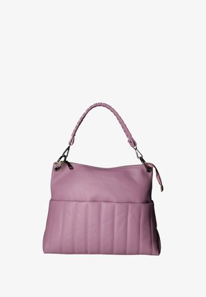 Roze leren tas met een gequiltde textuur, een gevlochten handvat en zilveren hardware. Voorzien van een ritsluiting en een gestructureerde vorm.
