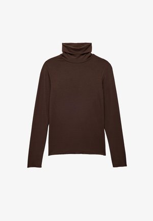 Bruine langemouwen turtleneck top gemaakt van gladde stof, met een gevouwen hals en een rechte zoom zonder versieringen.