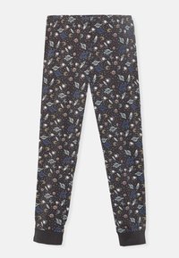 Pantaloni de pijama negri cu un model cosmic ce include planete și stele în nuanțe de albastru, alb și auriu; talie elastică și glezne strânse.