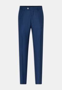Marineblauwe dresspantalon van gladde stof, met een vlakke voorkant, een knoopsluiting en een getailleerde pasvorm met subtiele textuur en plooien.