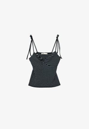 Black and white horizontal striped sleeveless top with tied spaghetti straps and a twisted front neckline detail.