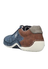 Men's shoe featuring a blend of blue and brown leather, perforated upper for breathability, rubber sole, and contrasting stitching details.