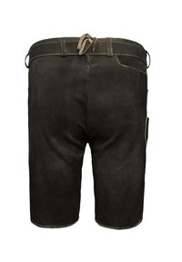 Hnědé semišové šortky s středně vysokým pasem, kontrastním prošitím, bočními kapsami a uvázaným páskem. Tkanina má hladkou strukturu.