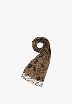Brown patterned scarf featuring black illustrations of animals and celestial elements, with fringed edges for added detail.