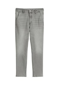 Pantalons en denim gris avec une coupe droite, style cinq poches, fermeture à bouton et texture légèrement décolorée sur le tissu.