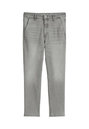 Graue Denim-Hosen mit geradem Bein, Fünf-Taschen-Stil, Knopfverschluss und leichtem Verblassen der Textur über den Stoff.