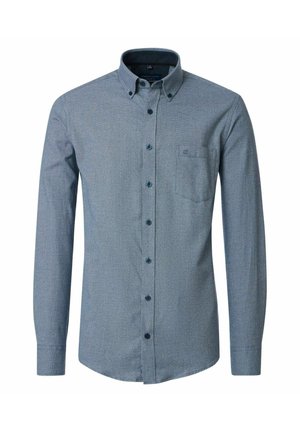 Men's long-sleeve, button-up shirt with chest pocket, dark gray fabric, and buttoned collar against white background.