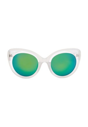 Occhiali da sole bianchi a occhio di gatto con lenti riflettenti verde-blu su sfondo bianco.
