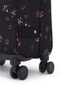 Black suitcase with floral pattern in purple and pink. Features a velcro strap, smooth wheels, and durable fabric texture.