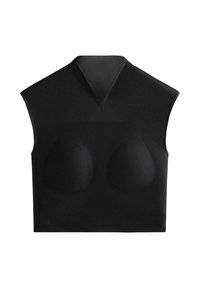 Črn obrezan top z V-izrezom in kratkimi rokavi. Gladek tekstura s prevlečenimi košaricami, ki ponuja elegantno, oprijeto obliko.